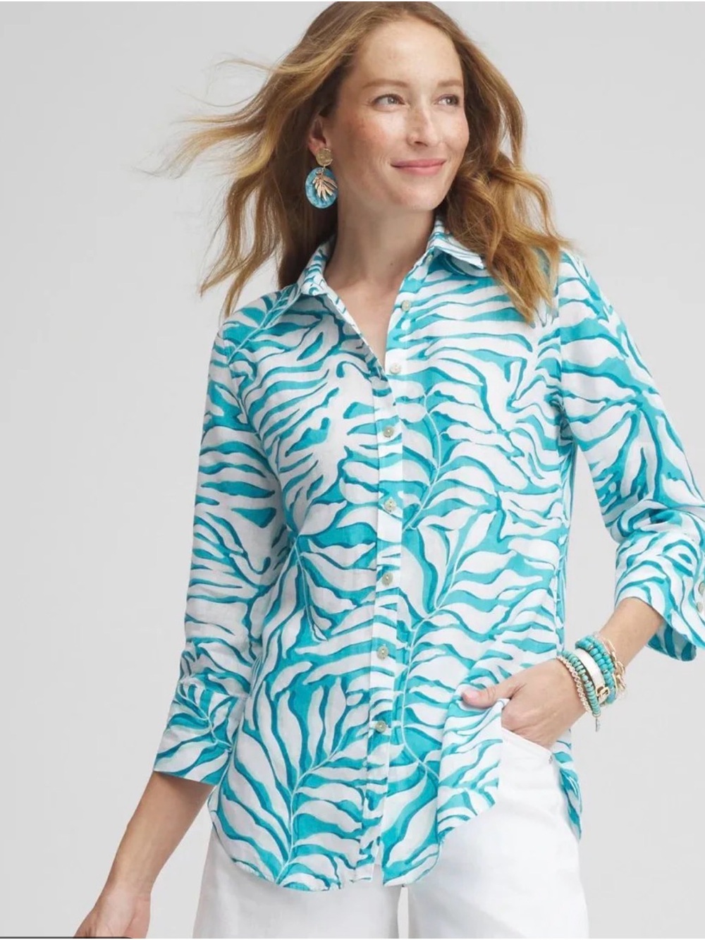 Chico’s No Iron 100% Linen Palms 3/4 Sleeve Shirt Tropical Turquoise Top Size 0
